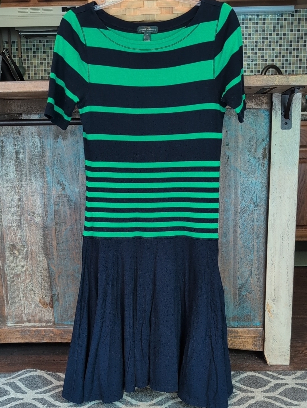 Lauren Ralph Lauren Navy & Green Striped Fit & Flare Dress - Women's Medium